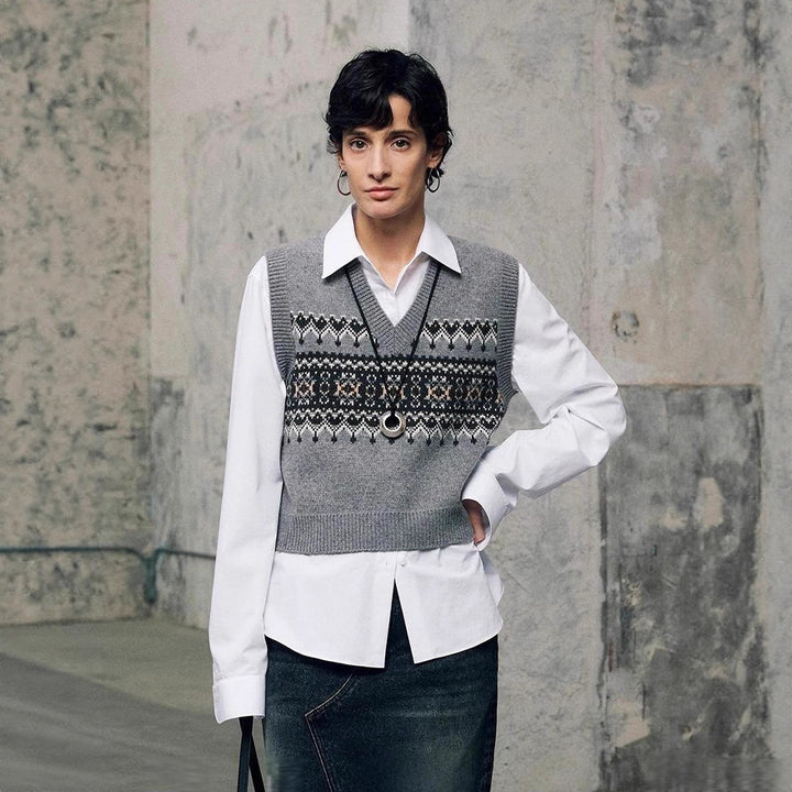 Damen modischer Strickpullover mit V-Ausschnitt und geometrischem Muster Drune