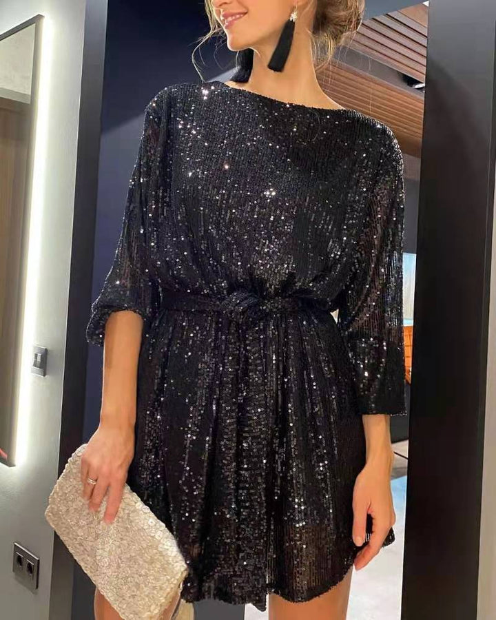 Drune | Urlaubsfestmode Pailletten Taillengürtel Kleid
