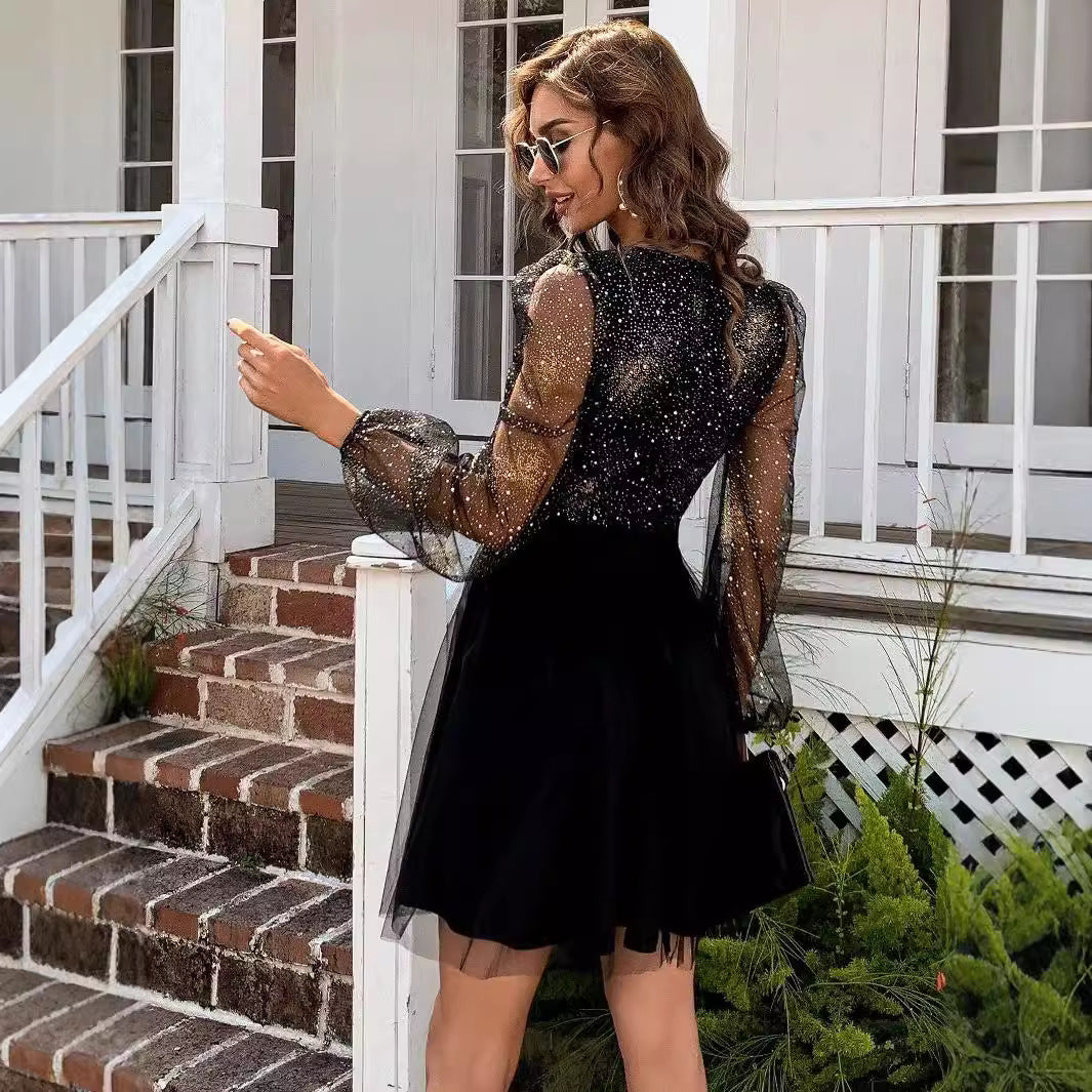 Damen Glamouröses Cocktailkleid mit glitzerndem Oberteil und transparenten Ärmeln Drune