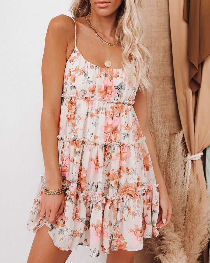 Damen Sommerliches Rüschens Kleid mit floralen Akzenten und verstellbaren Spaghettiträgern Drune