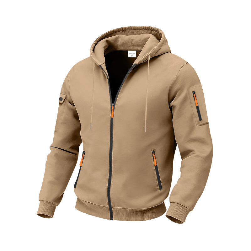 Herren nan funktionale Kapuzen-Sweatjacke mit durchgehendem Reißverschluss, Ärmeltasche und wasserabweisenden Reißverschlüssen Drune