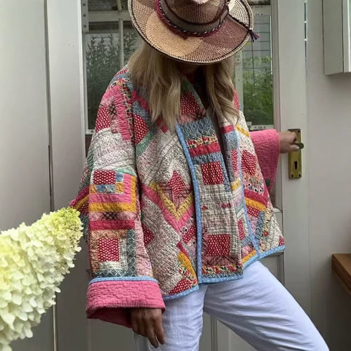 Damen nan gesteppte Patchwork-Kimonojacke mit glänzendem Satinfutter und weitem Schalkragen Drune