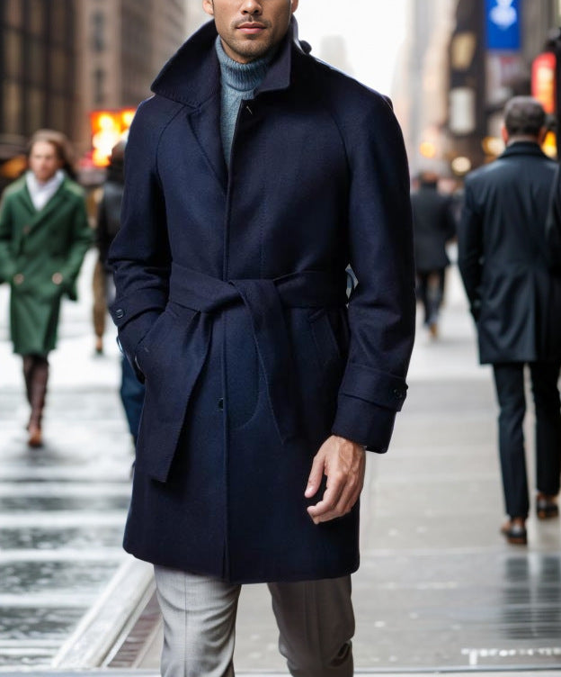 Herren modischer Wolltrenchcoat mit Bindegürtel und großen Taschen Drune