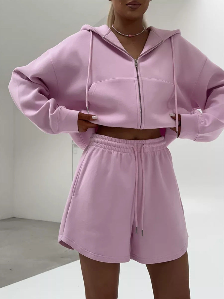 Damen nan kurzes Kapuzen-Sweatshirt mit Reißverschluss und elastischer Highwaist-Relax-Shorts Set Drune