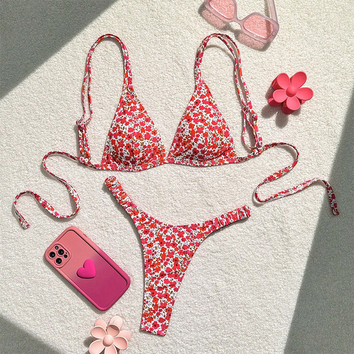 Damen Triangel-Bikini mit buntem Blumendesign und verstellbaren Trägern Drune