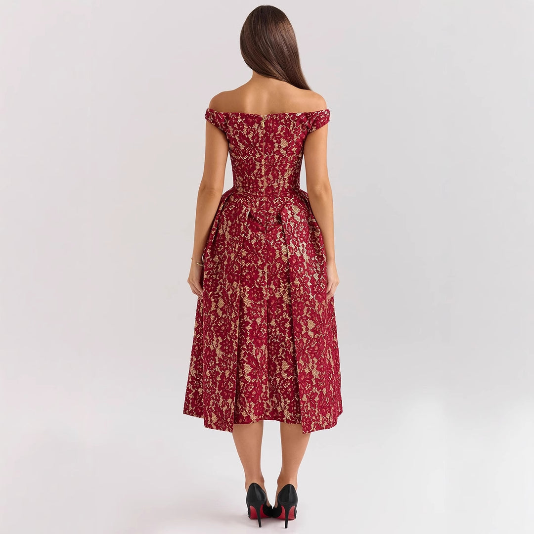 Damen Abendkleid mit schulterfreiem Design und exquisite Spitze Drune