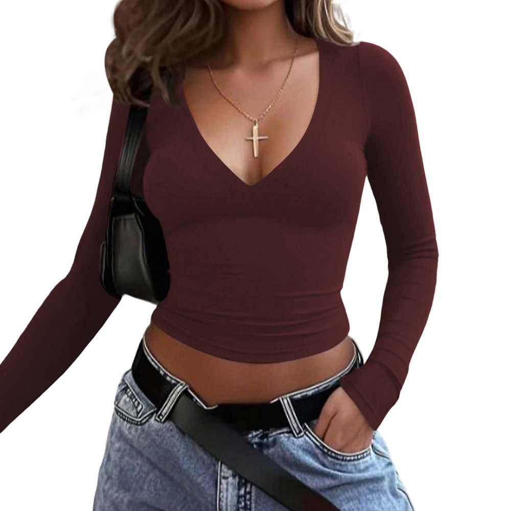 Damen figurbetontes Langarmshirt mit V-Ausschnitt und elastischem Material Drune