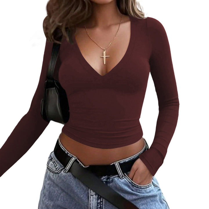 Damen figurbetontes Langarmshirt mit V-Ausschnitt und elastischem Material Drune