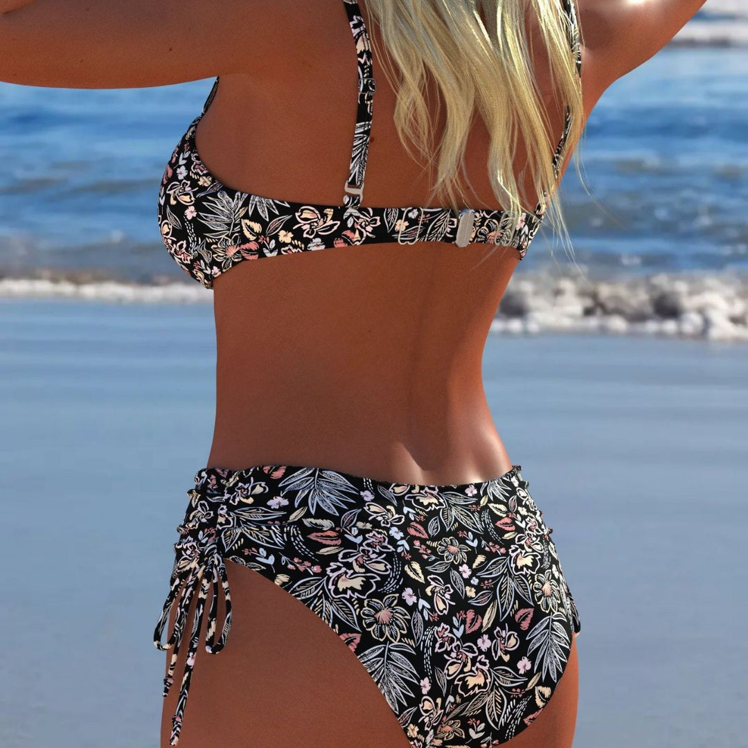 Damen Bandeau-Bikini-Set mit hochgeschnittenem Höschen und tropischem Blütenmuster Drune