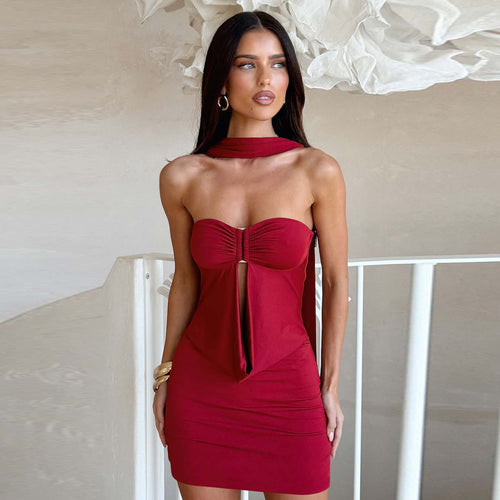 Damen figurbetontes schulterfreies Minikleid mit raffiniertem Knotendetail Drune
