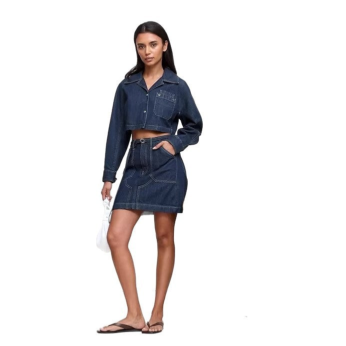 Damen nan Cropped-Denim-Zweiteiler mit kurzer Jeansjacke und tailliertem Minirock Drune