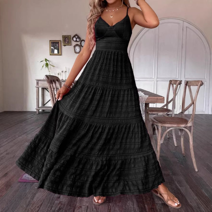 Damen Maxikleid mit schwingendem Rock und zarten Spaghettiträgern Drune