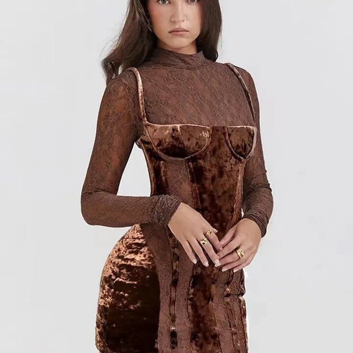 Damen elegantes Spitzen-Minikleid mit Samt-Detail und figurbetontem Schnitt Drune
