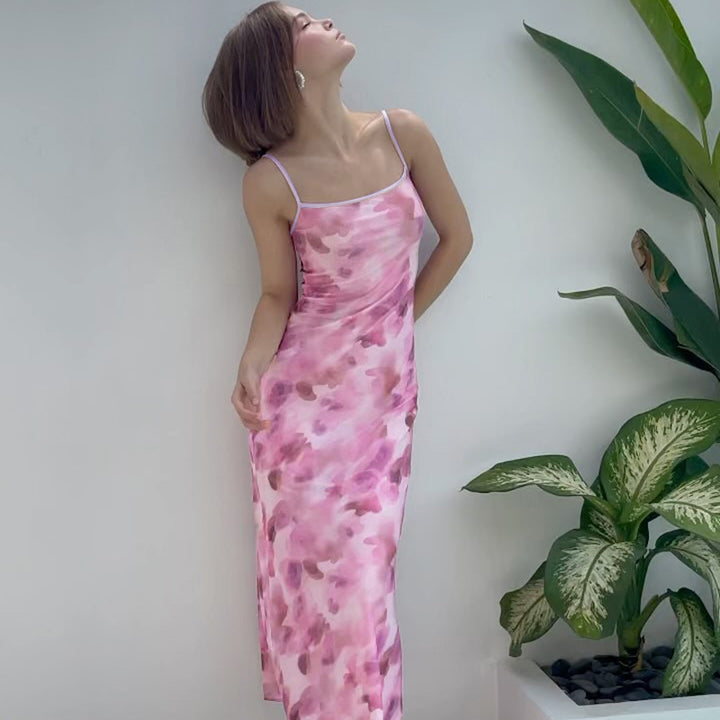 Damen Maxikleid mit floralen Muster und verstellbaren Spaghetti-Trägern Drune