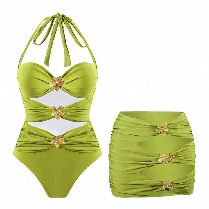Damen Designer Badeanzug mit elegantem Wickeldesign und goldenen Akzenten Drune
