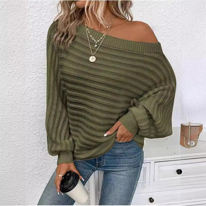 Damen lässiger Strickpullover mit off-shoulder Design und luftiger Ajour-Optik Drune