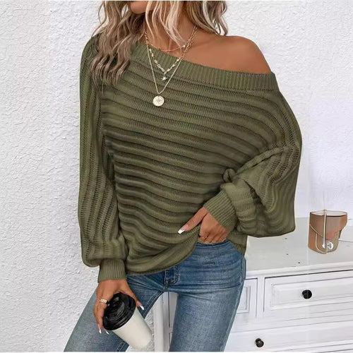 Damen lässiger Strickpullover mit off-shoulder Design und luftiger Ajour-Optik Drune