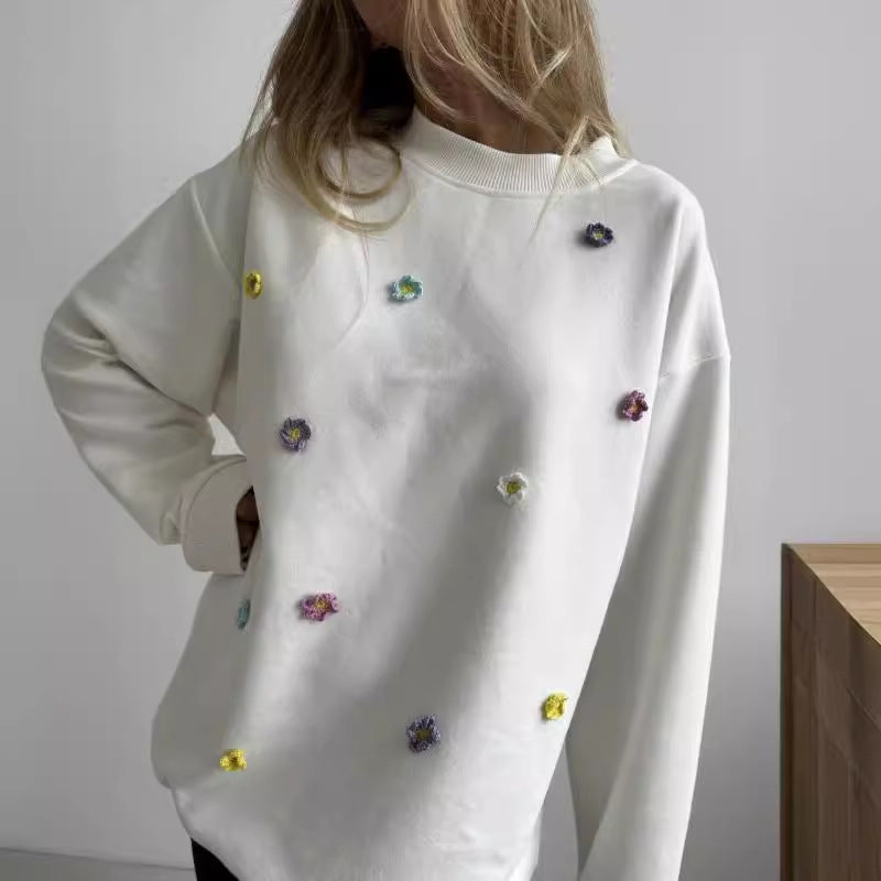 Damen bequemer Sweatshirt mit farbenfrohen Blumenapplikationen Drune