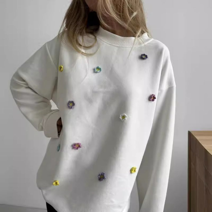 Damen bequemer Sweatshirt mit farbenfrohen Blumenapplikationen Drune
