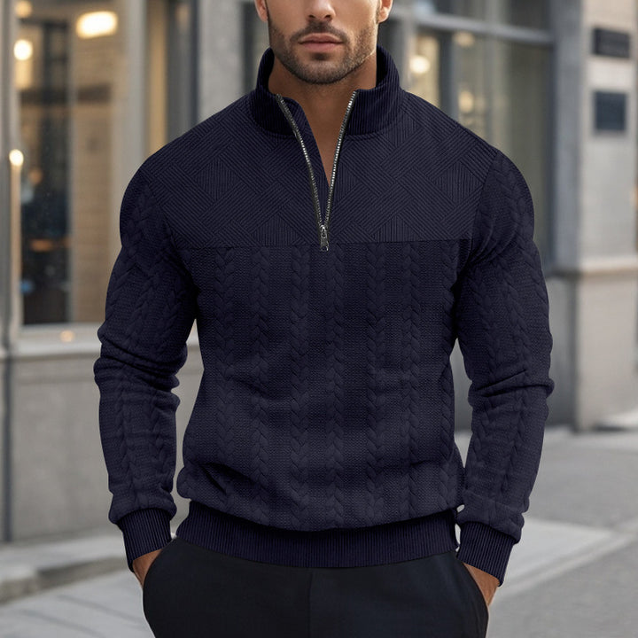 Herren Strickpullover mit halbem Reißverschluss und strukturierter Oberfläche Drune
