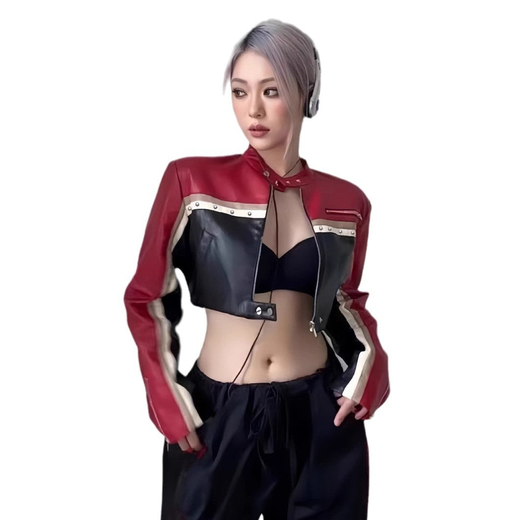 Damen trendige cropped Lederjacke mit einzigartigen Farbakzenten Drune