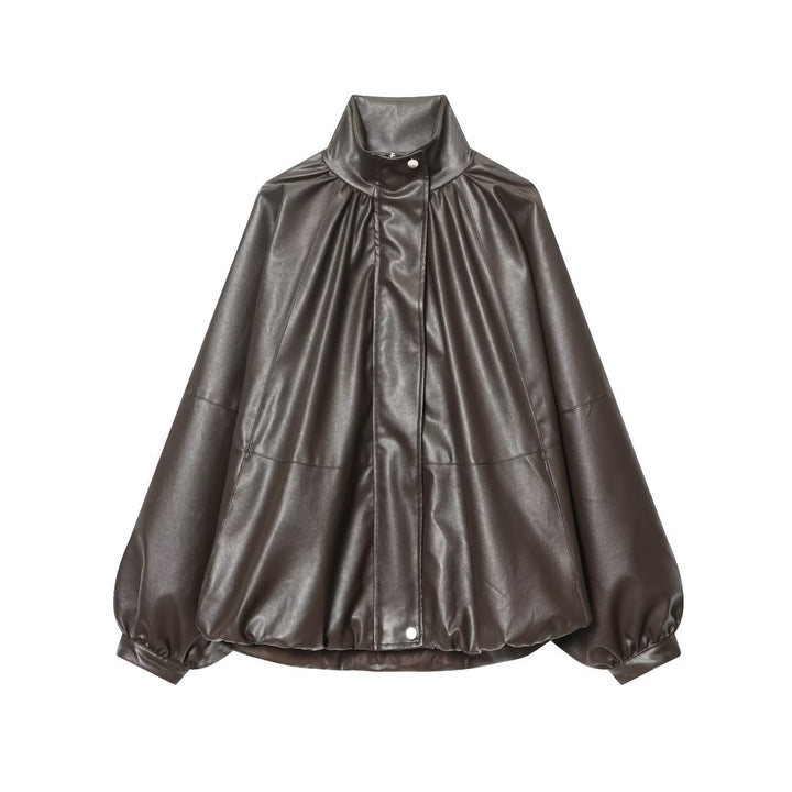 Damen Kunstlederjacke mit voluminösen Ärmeln und gewelltem Design Drune