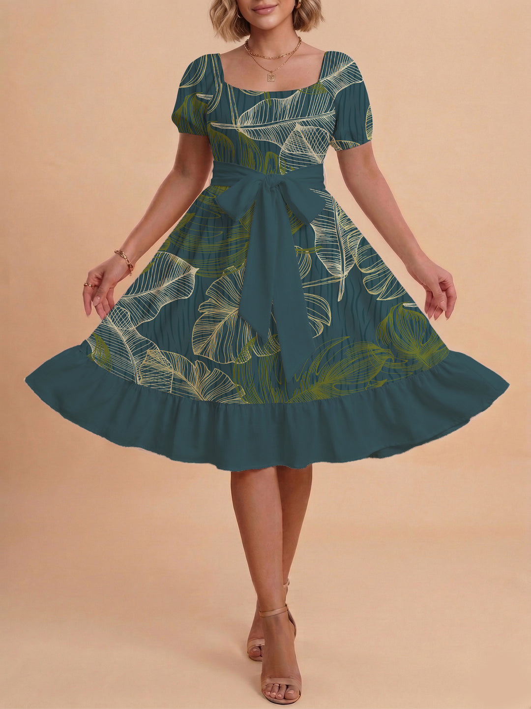 Damen A-Linien-Kleid mit floralen Motiven und taillierbarem Gürtel Drune