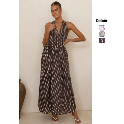 Damen Maxikleid mit tiefem V-Ausschnitt und verspieltem Polka-Dot-Muster Drune