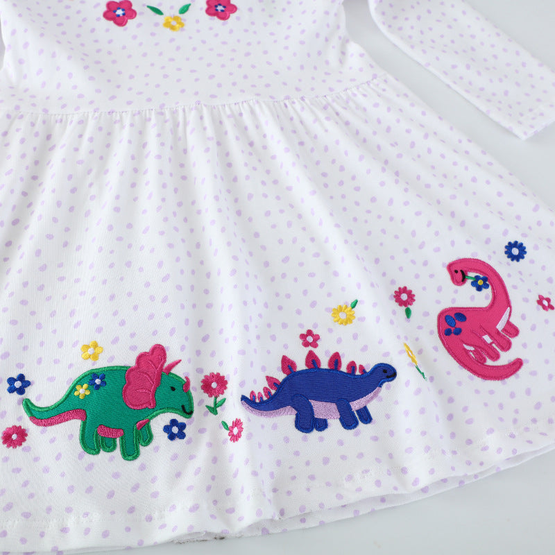 Mädchen Baumwollkleid mit buntem Dinosaurier- und Blumenmotiv Drune