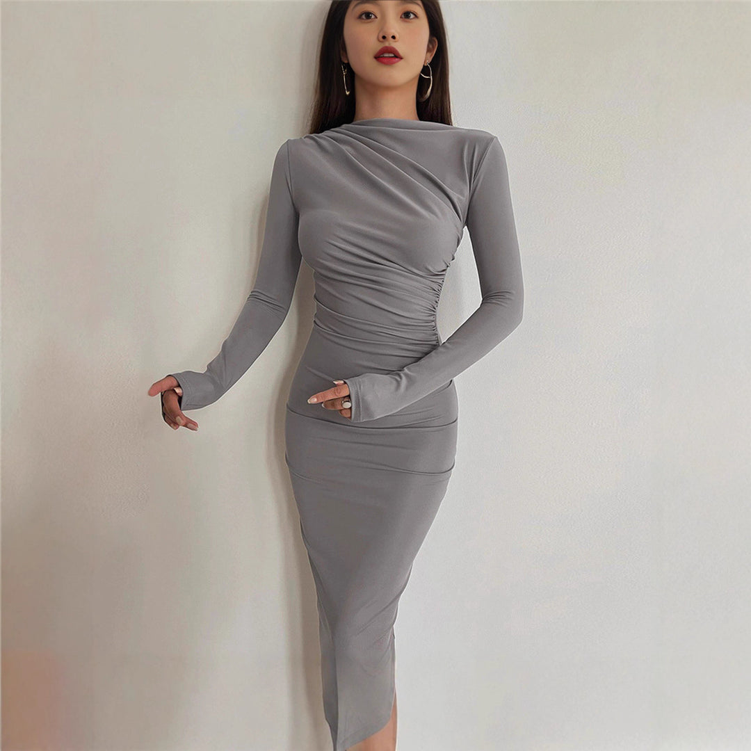Damen figurbetontes Langarmkleid mit Raffung und elegantem Design Drune