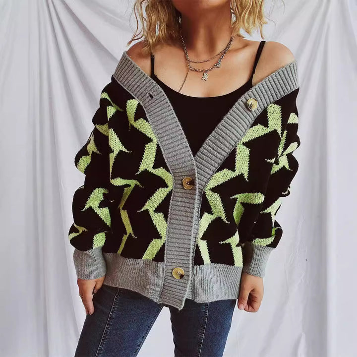 Damen Strickjacke mit modernem geometrischen Muster und eleganten Knopfdetails Drune