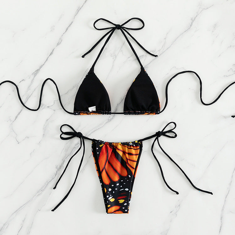 Damen Triangel-Bikini mit buntem Schmetterlingsmuster und verstellbaren Bindebändern Drune