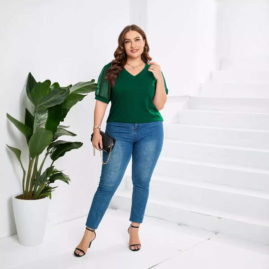 Damen elegantes Blusenshirt mit transparenten Puffärmeln und V-Ausschnitt Drune