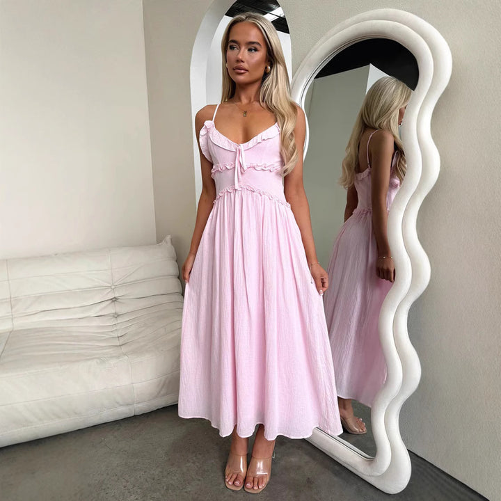 Damen Maxikleid mit zarten Rüschen und verstellbaren Spaghetti-Trägern Drune