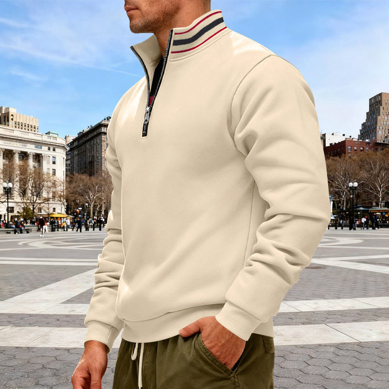 Herren nan Stehkragen-Halbzip-Sweatshirt aus Baumwollfleece mit Kontraststreifen am Kragen und gerippten Bündchen Drune