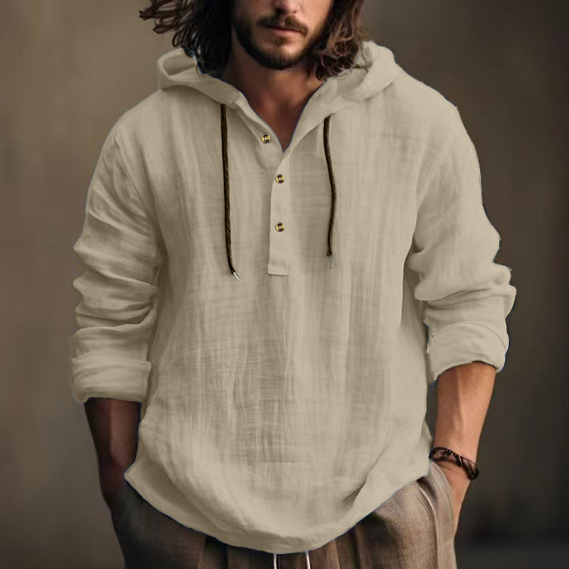 Herren nan leichtes Kapuzen-Henley Leinenhemd mit Knopfleiste und Kordelzug Drune