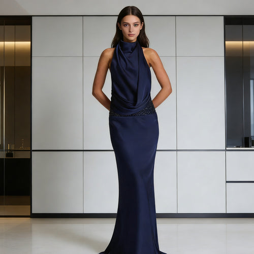 Damen Elegantes und fließendes Abendkleid mit hohem Kragen Drune