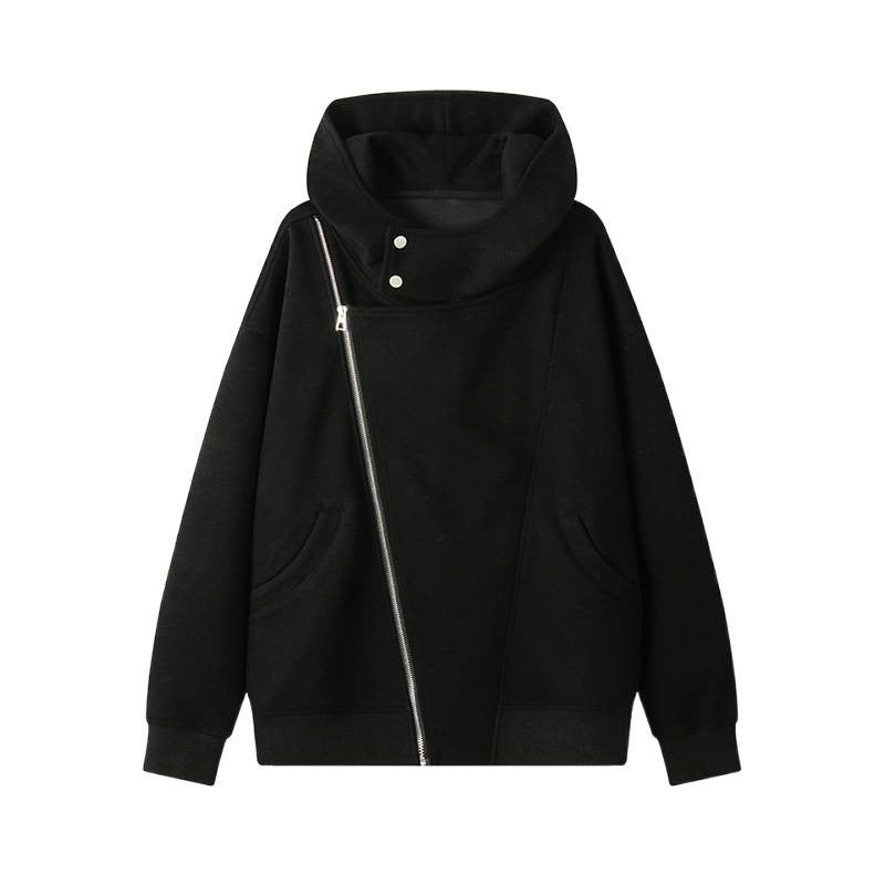 Damen nan asymmetrischer Kapuzenpullover mit hohem Kragen, diagonalem Reißverschluss und Kängurutaschen Drune