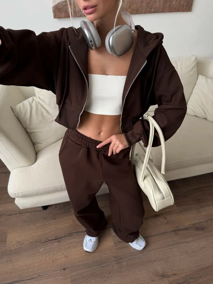 Damen trendiges cropped Sweatoutfit mit Kapuze und seitlichem Reißverschluss Drune
