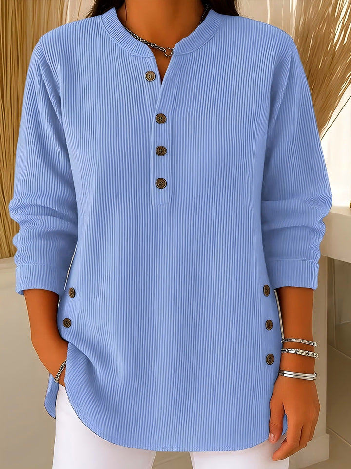 Damen nan plissee Tunika-Bluse mit Stehkragen, Knopfleiste und seitlichen Zierknöpfen Drune