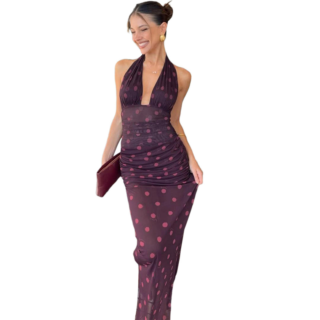 Damen Elegantes Maxikleid im Polka-Dots Design mit tiefem V-Ausschnitt und taillierter Silhouette Drune