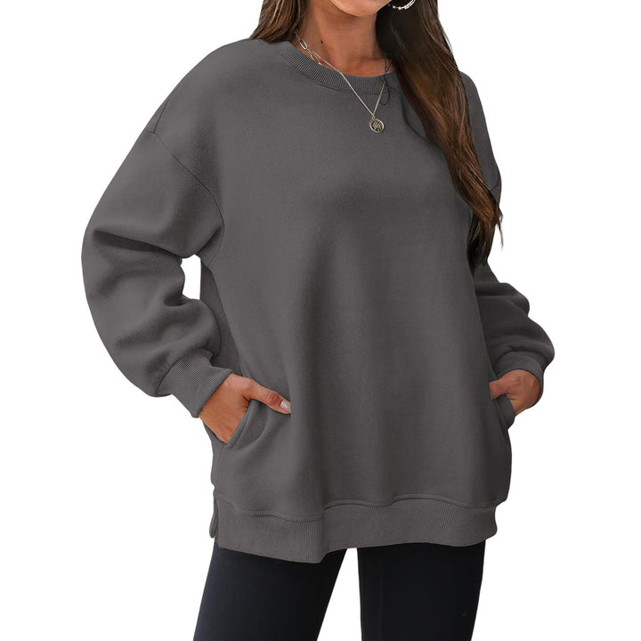 Damen nan verlängertes Oversize Rundhalspullover mit seitlichen Eingrifftaschen, Rippbündchen und überschnittener Schulter Drune