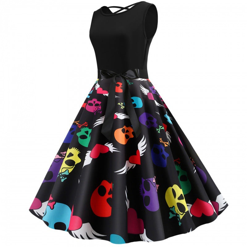 Damen Swingkleid mit buntem Totenkopf-Design und seitlichem Bindegürtel Drune