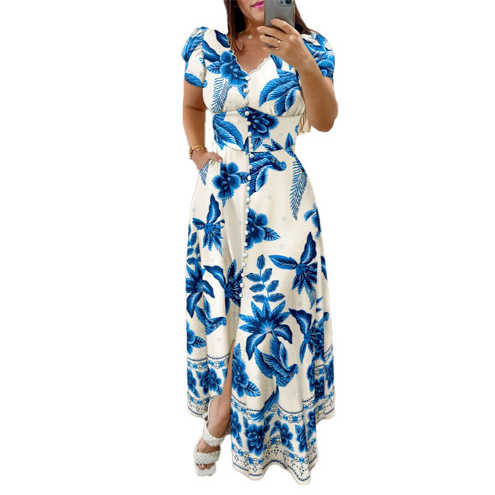 Damen Maxikleid mit floralem Wickel-Design und knöpfbarem Oberteil Drune