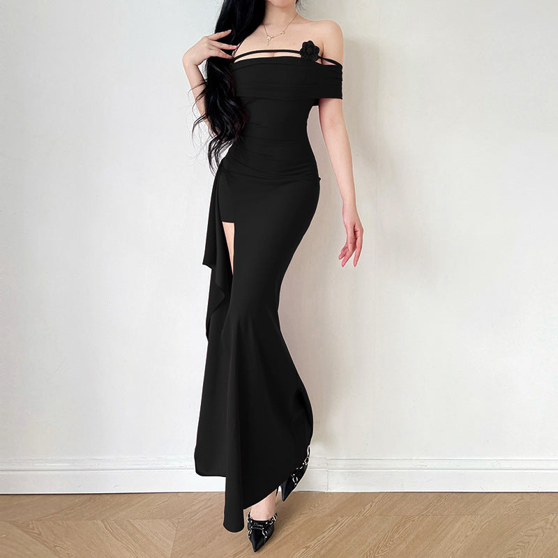 Damen elegantes Off-Shoulder-Maxikleid mit raffiniertem Schnitt und floralen Akzenten Drune