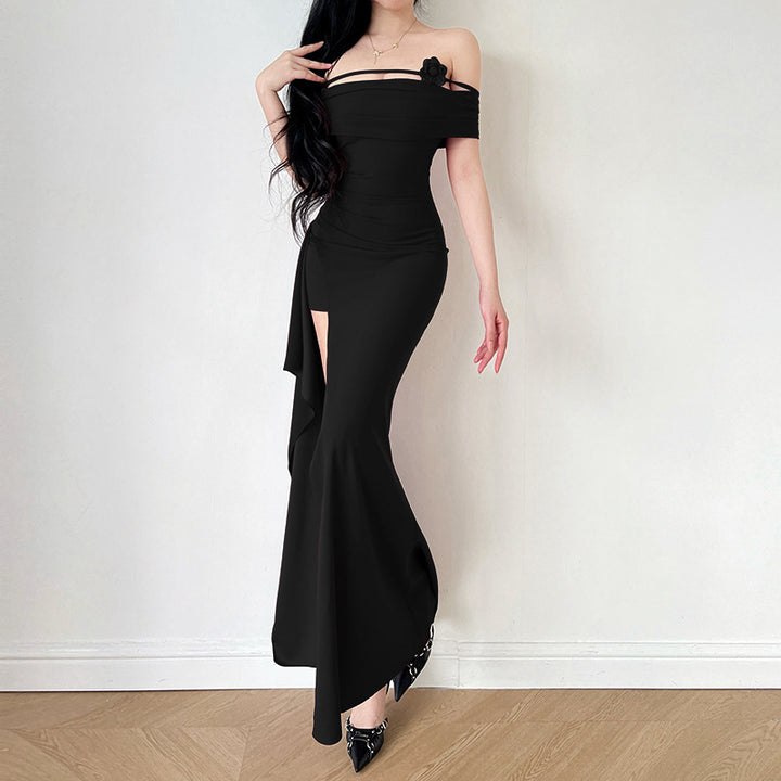 Damen elegantes Off-Shoulder-Maxikleid mit raffiniertem Schnitt und floralen Akzenten Drune