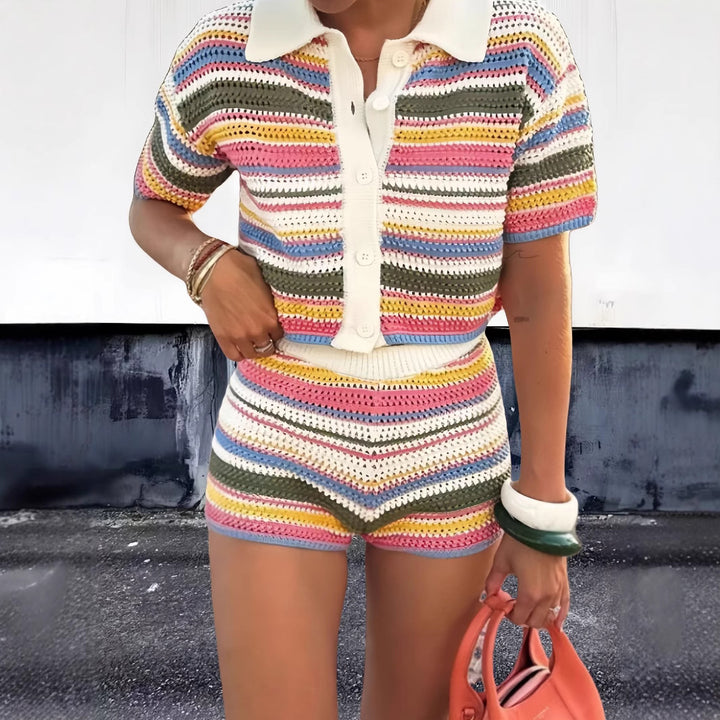 Damen Trendige Häkel-Shorts mit elastischem Bund und buntem Streifenmuster Drune