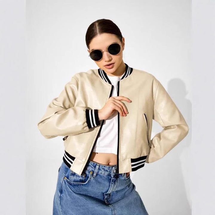 Damen modische Kunstleder-Bomberjacke mit elastischen Bündchen und Taschen Drune