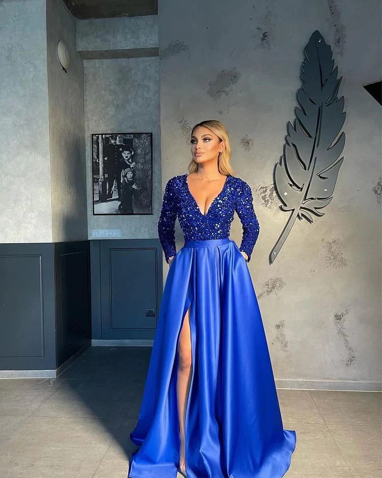 Damen Glamouröses Abendkleid mit funkelnden Pailletten und hohem Schlitz Drune