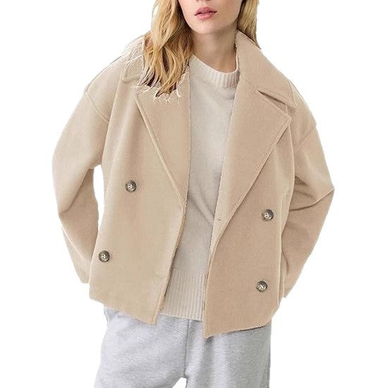 Damen nan kurz geschnittener Zweireiher Wollmix-Peacoat mit überbreitem Revers und kastiger Silhouette Drune